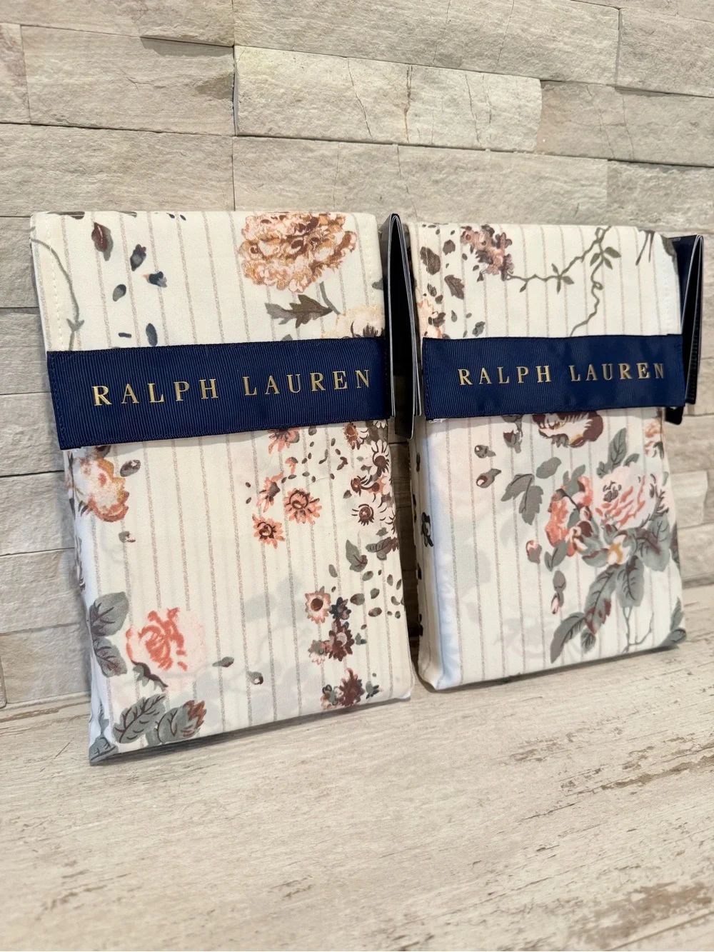 Ralph Lauren Thompson Cotton Floral Stripe Set Of 2 King Pillow Shams $430 NWT